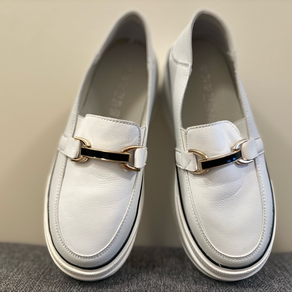 white leather loafers 
high platform for added height and slimming effect.